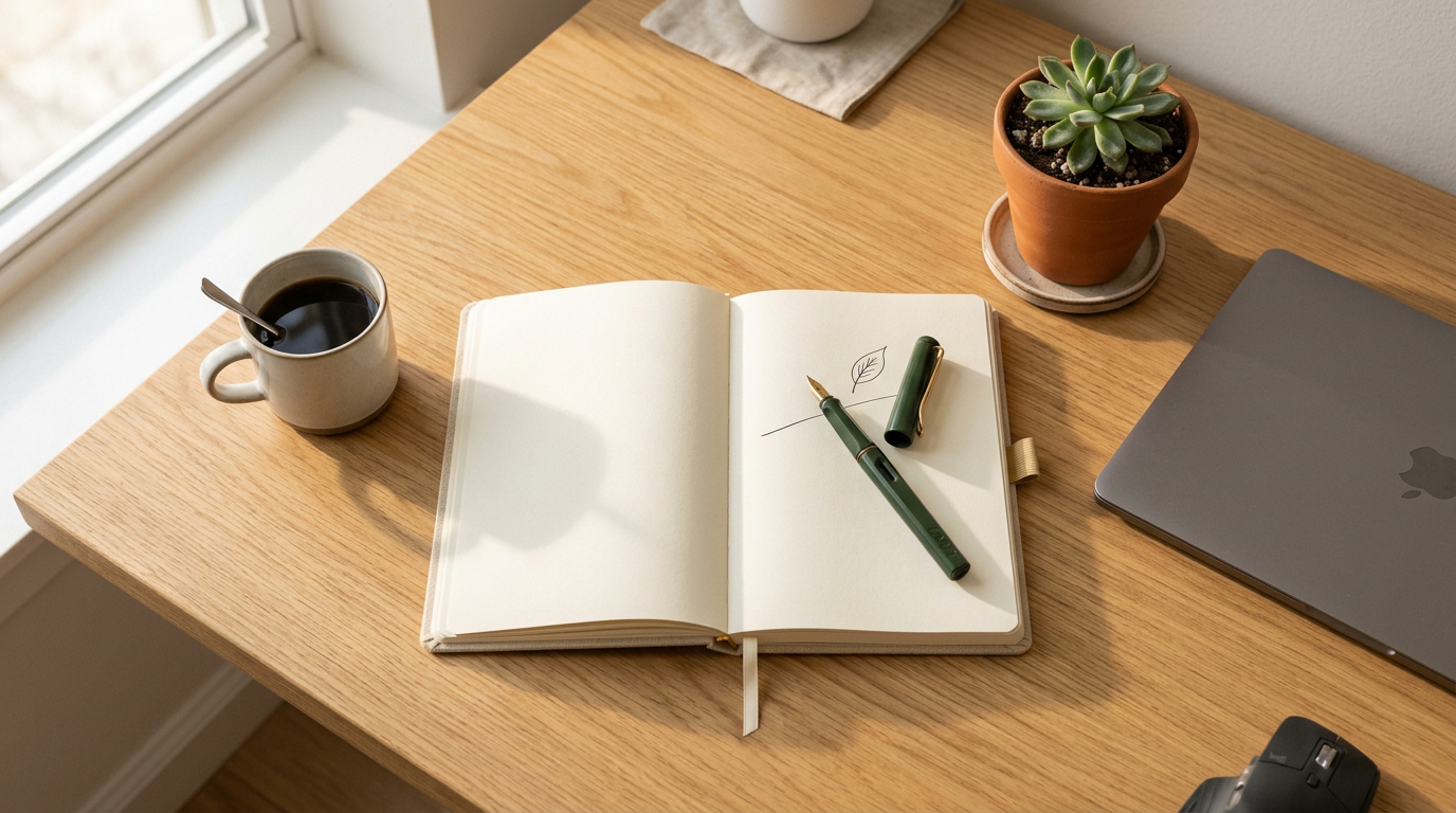 A well-organised consultant's desk — notebook, pen, plant, and laptop