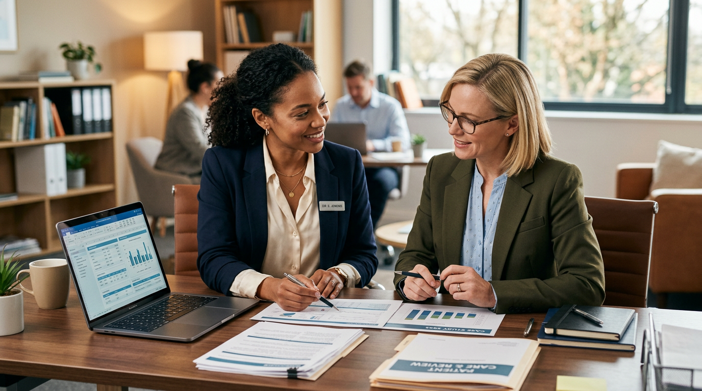 Two healthcare professionals collaborating on practice operations at a desk